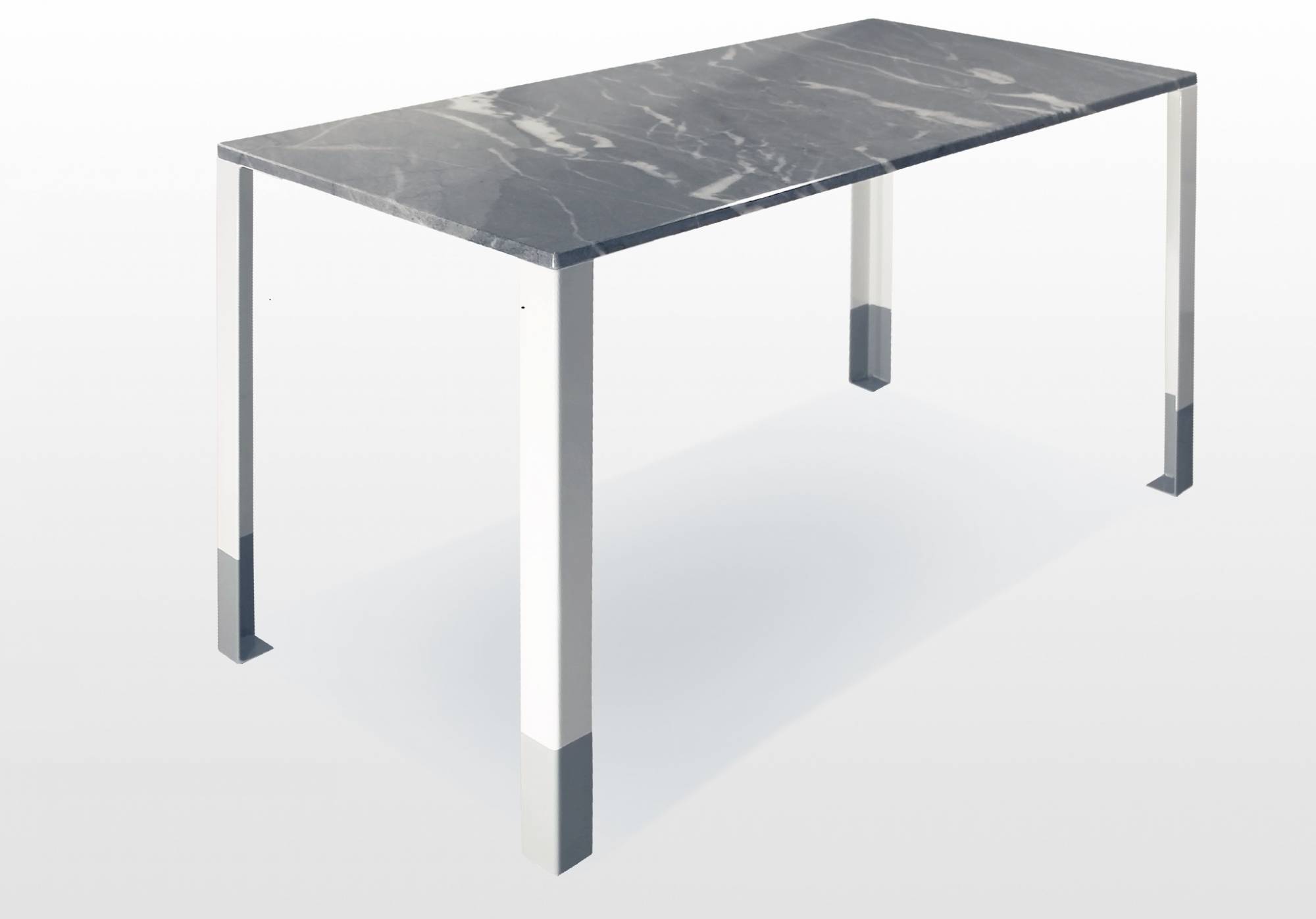 Connie: table bureau design en marbre bleu de savoie, pieds acier laqué blanc et gris brillant