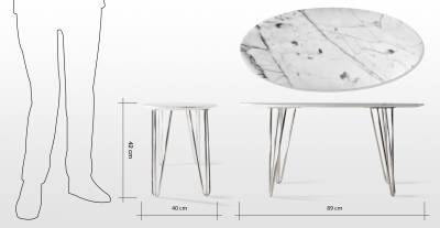 Selma: table basse ovale design vintage en marbre blanc calacatta, pieds tête d'épingle acier chromé